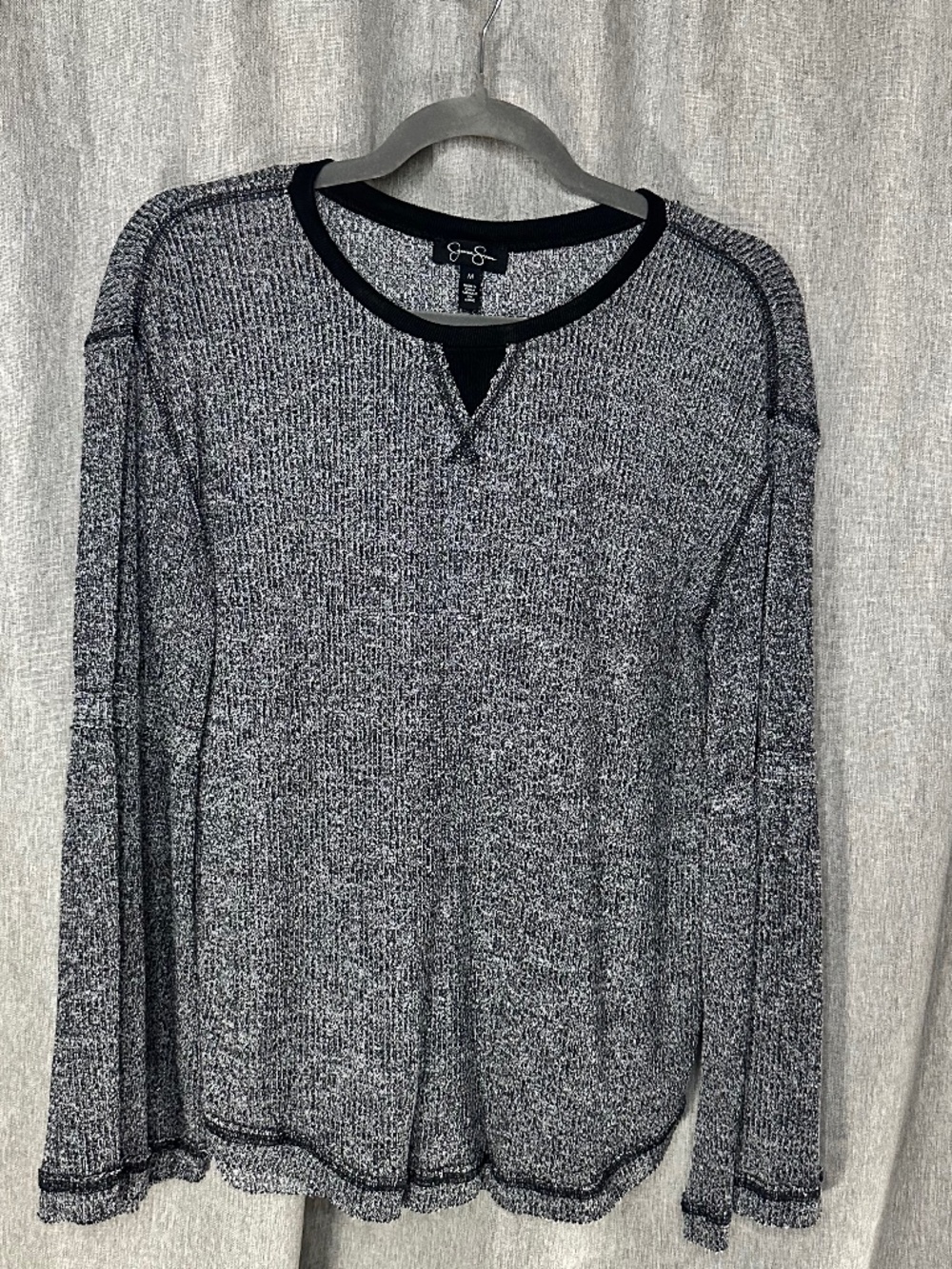 Jessica Simpson Marled Knit Split-Neck Henley Pullover Sweater Black White M